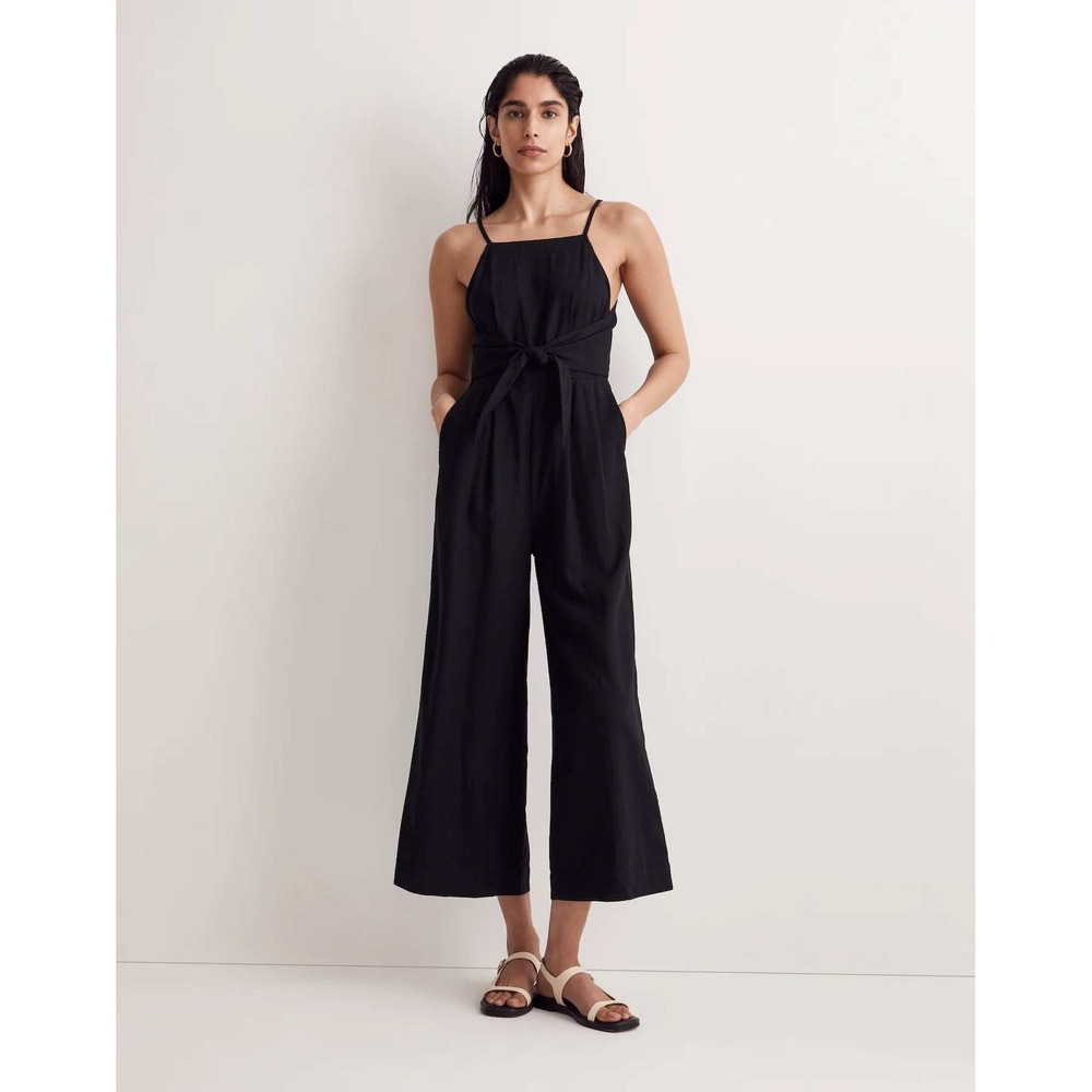 Madewell Black Linen Blend Tie Waist Crop‎ Wide Leg Jumpsuit Style NK505 Size 2